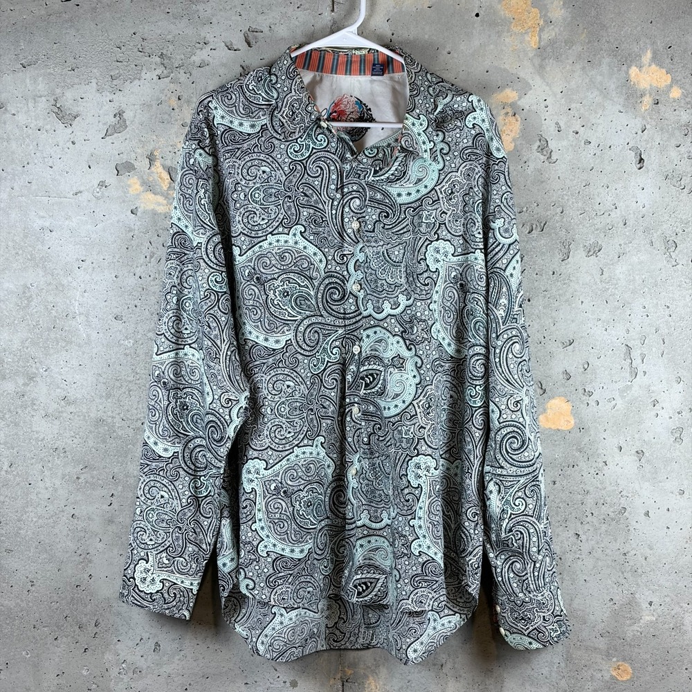 Robert Graham Mens 2XL Black Mint Green Paisley Cotton Silk Trim Button Up Shirt
